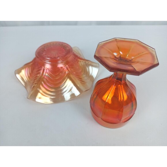 Vintage Bowl And Goblet Handmade Orange Carnival Glass Reverse Ruffled Edges - Picture 7 of 10
